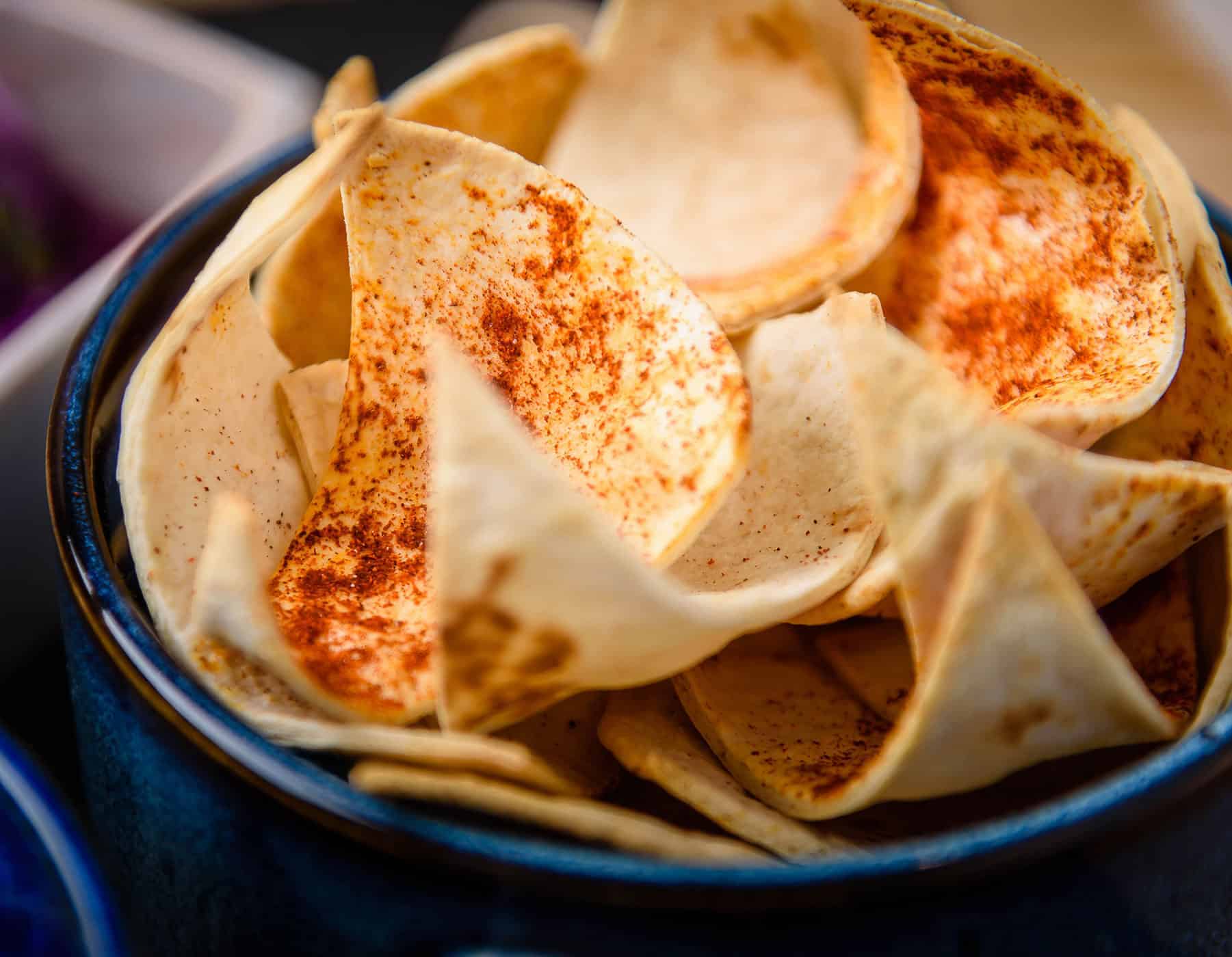 Close up of Vegan Home-Baked Flour Tortilla Chips
