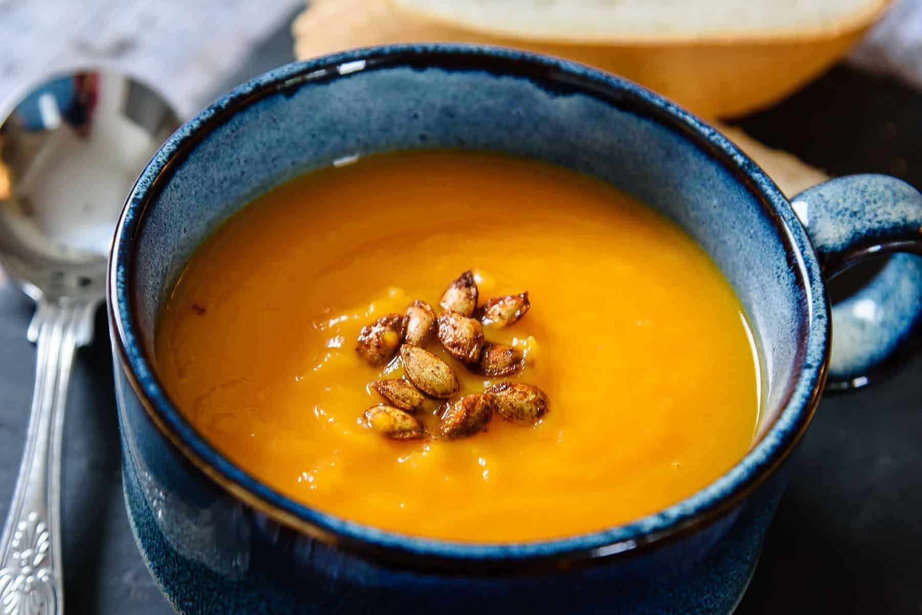 Close up of Vegan Butter-Roasted Butternut-Squash Soup in Bowl