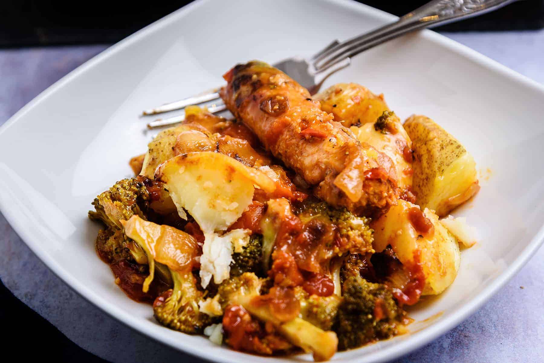 A Portion of Vegan Sausage & Potato Bake in bowl