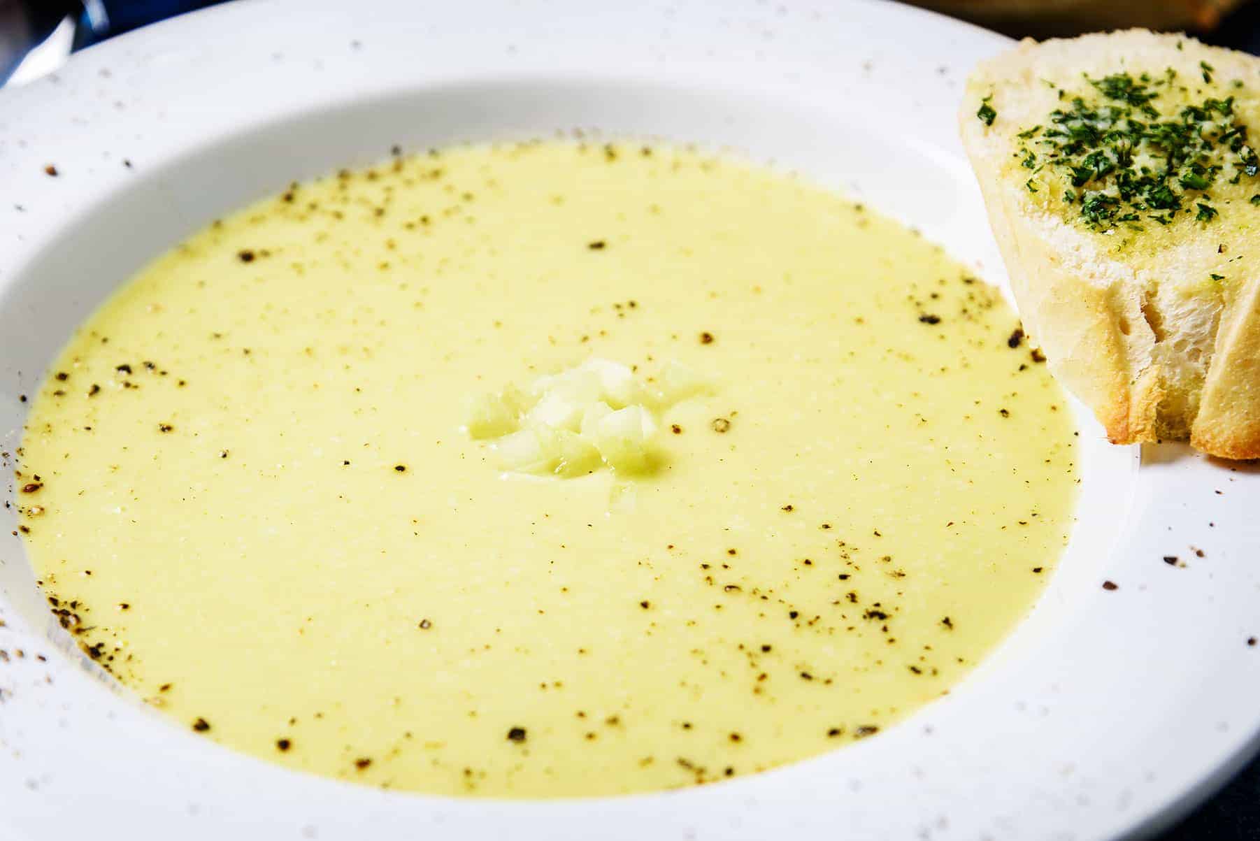Close up of Creamy Vegan Celery Soup in a Serving Bowl