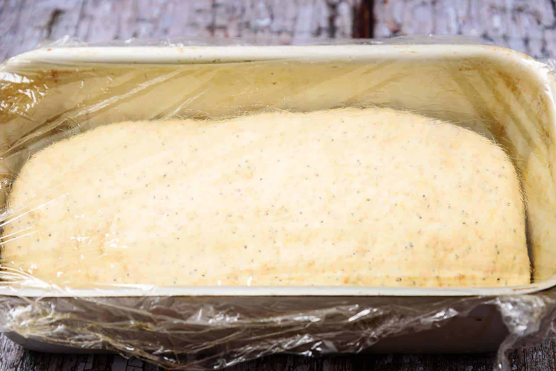 Dough in oiled loaf tin ready for second rise