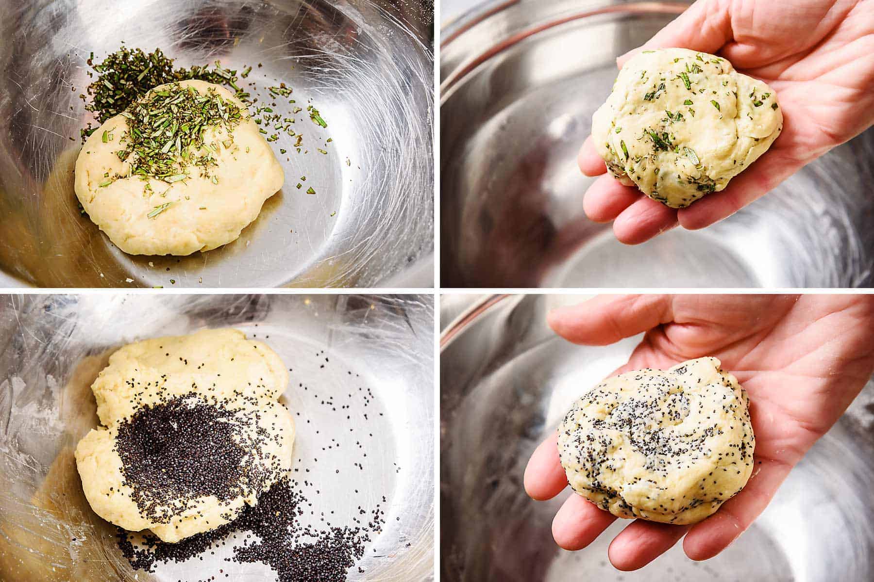 Adding the rosemary and poppyseeds to the balls of dough