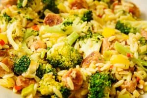 Close up of Vegan Sausage & Broccoli Orzo-Pasta