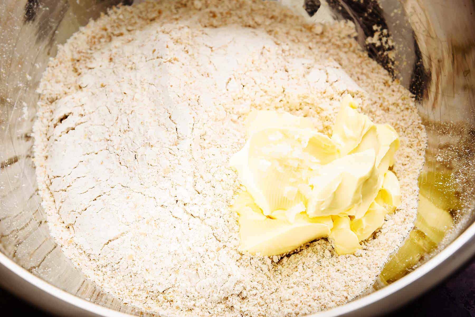 Ingredients for Vegan Wholemeal Shortcrust Pastry in a bowl