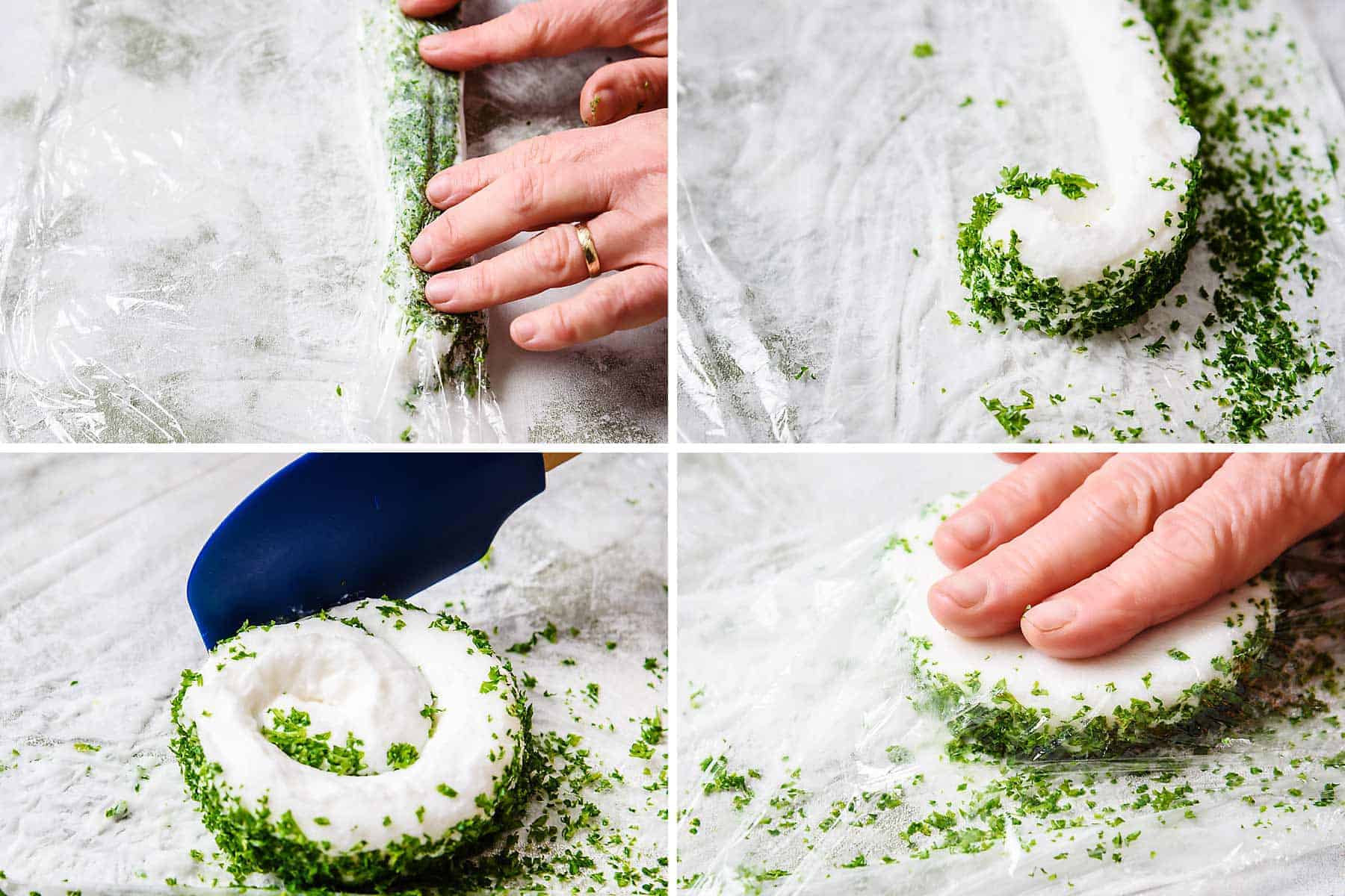 Shaping the cheese into a roll