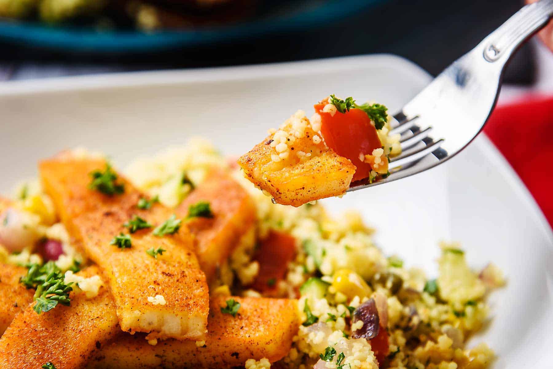 Vegan Couscous & Halloumi Salad on a fork