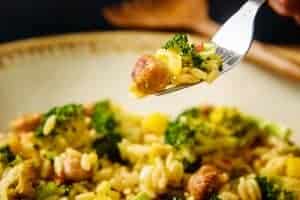 Vegan Sausage & Broccoli Orzo-Pasta on a fork