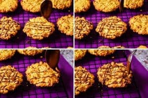 Drizzling melted chocolate over the circle-shaped cookies
