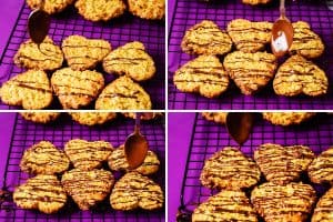 Drizzling the melted chocolate over the heart-shaped cookies