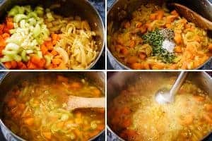 Adding ingredients to the pan and blending the cooked soup