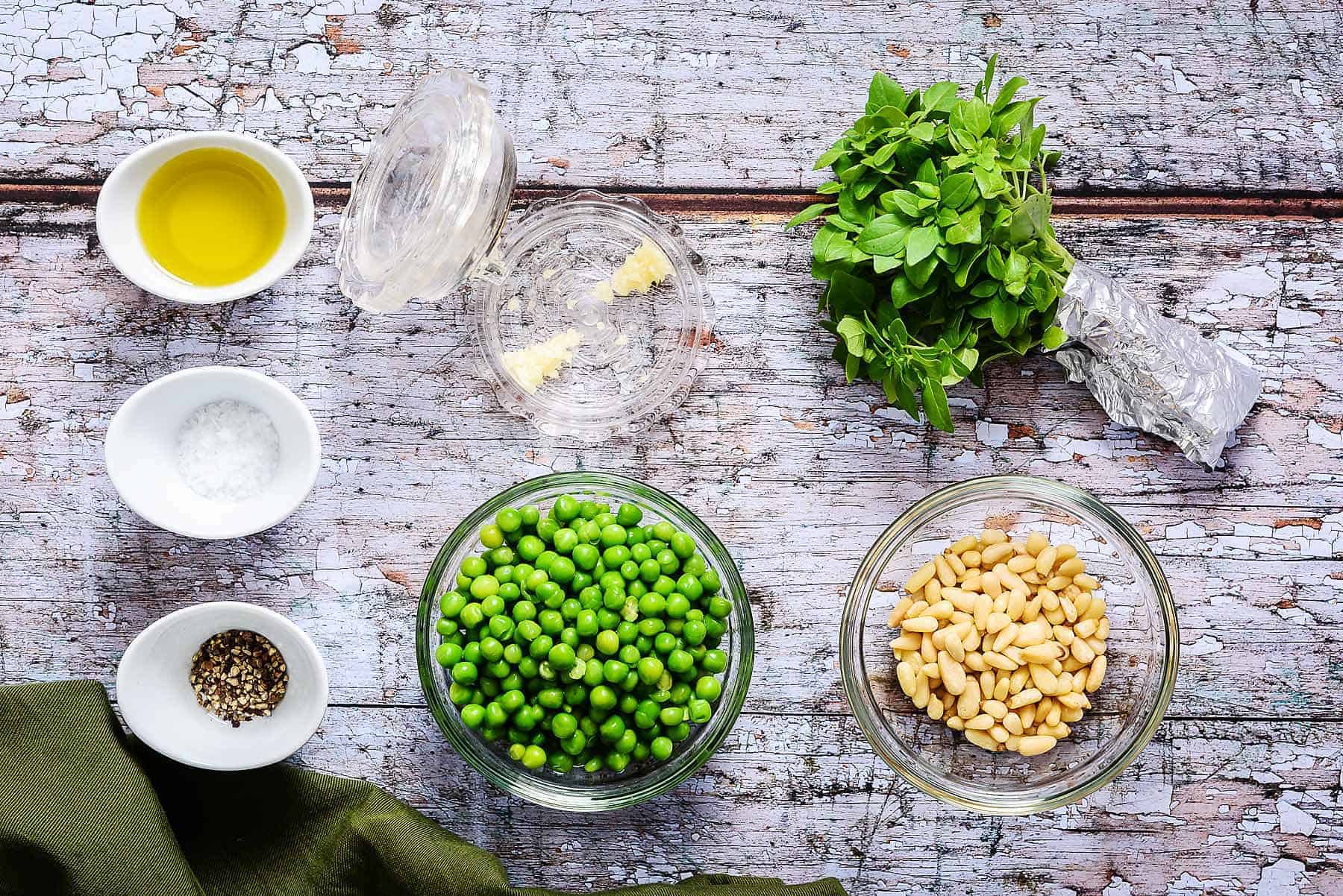Ingredients for pea and basil pesto