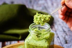 Pea & Greek Basil Pesto on a spoon