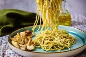 Serving spaghetti with Pea & Greek Basil Pesto