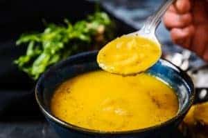 Vegan Onion & Tarragon Soup on a spoon