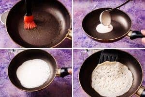 Adding the batter to a pan and rolling to form a crepe