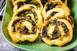 Close of Cheesy Spinach & Leek Swirls on a plate