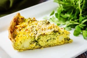 Close up of a slice of Vegan Tofu & Broccoli Quiche
