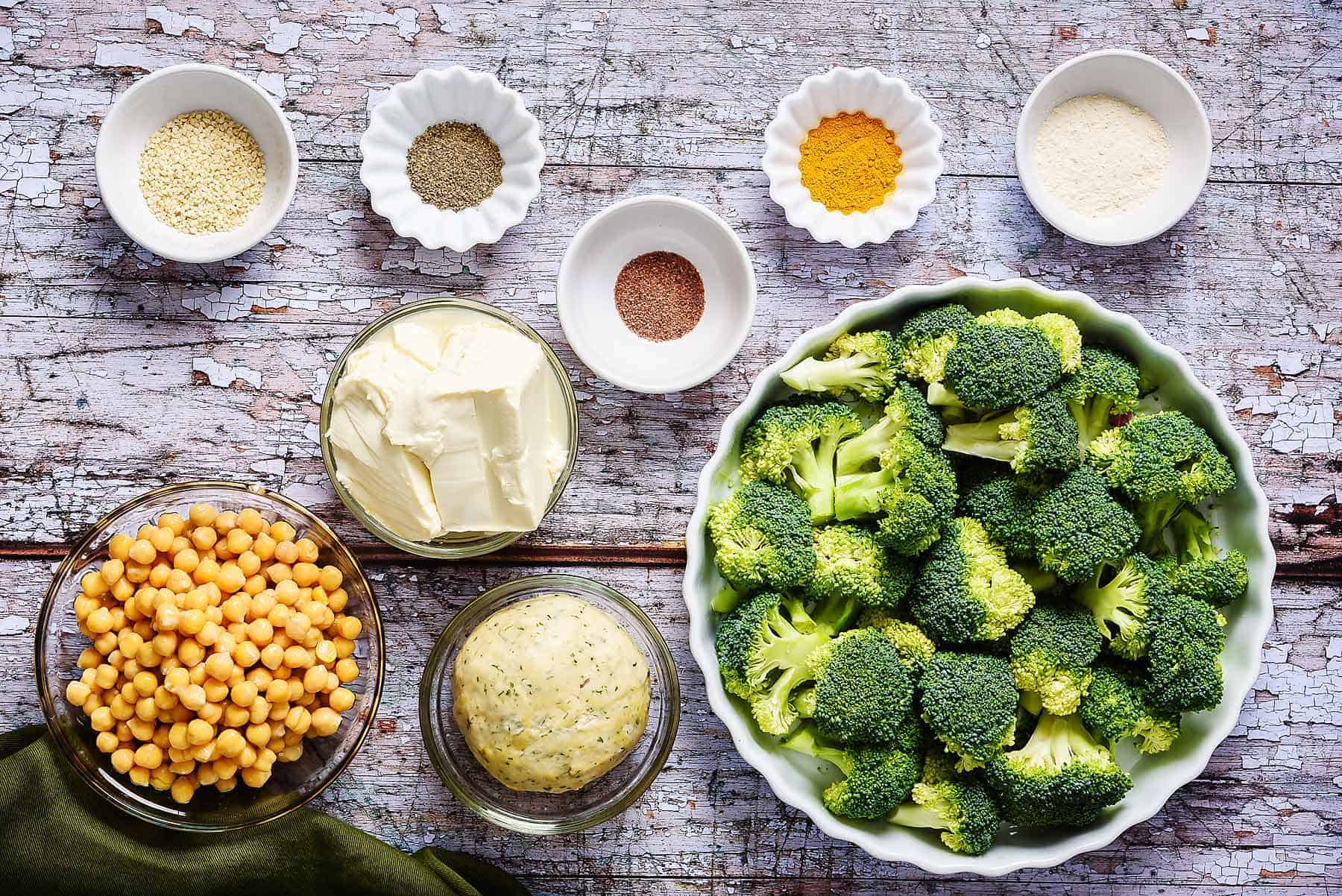 Ingredients for tofu and broccoli quiche