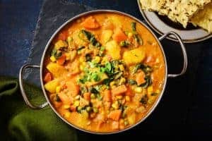 Overhead view of a bowl of Vegan Potato & Vegetable Curry