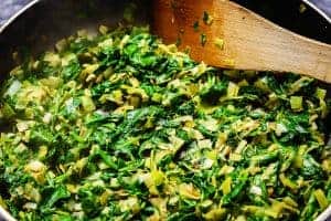 Spinach wilted in the pan with leeks