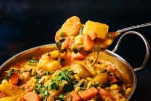 Vegan Potato & Vegetable Curry on a spoon