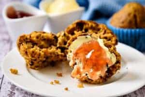 Carrot & Walnut Breakfast Muffins with butter and jam