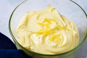 Close up of Vegan Lemon Butter Icing in a bowl