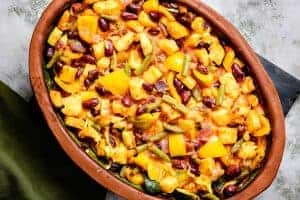 Cooked Cheesy Polenta & Bean Bake in an oven-proof dish
