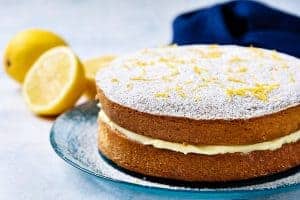 Easy Vegan Sponge Cake with lemons in the background