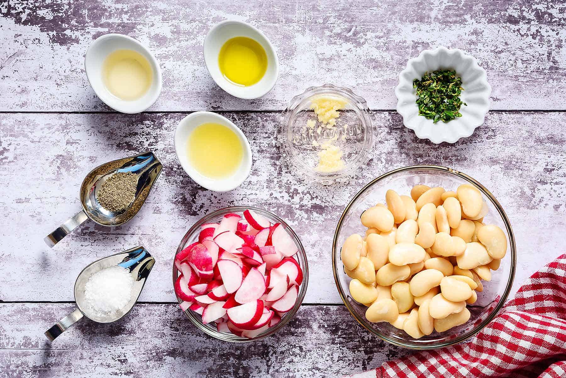 Ingredients for bean and radish salad