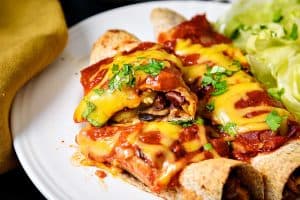 Close up of Vegan Vegetable & Bean Enchiladas cut open
