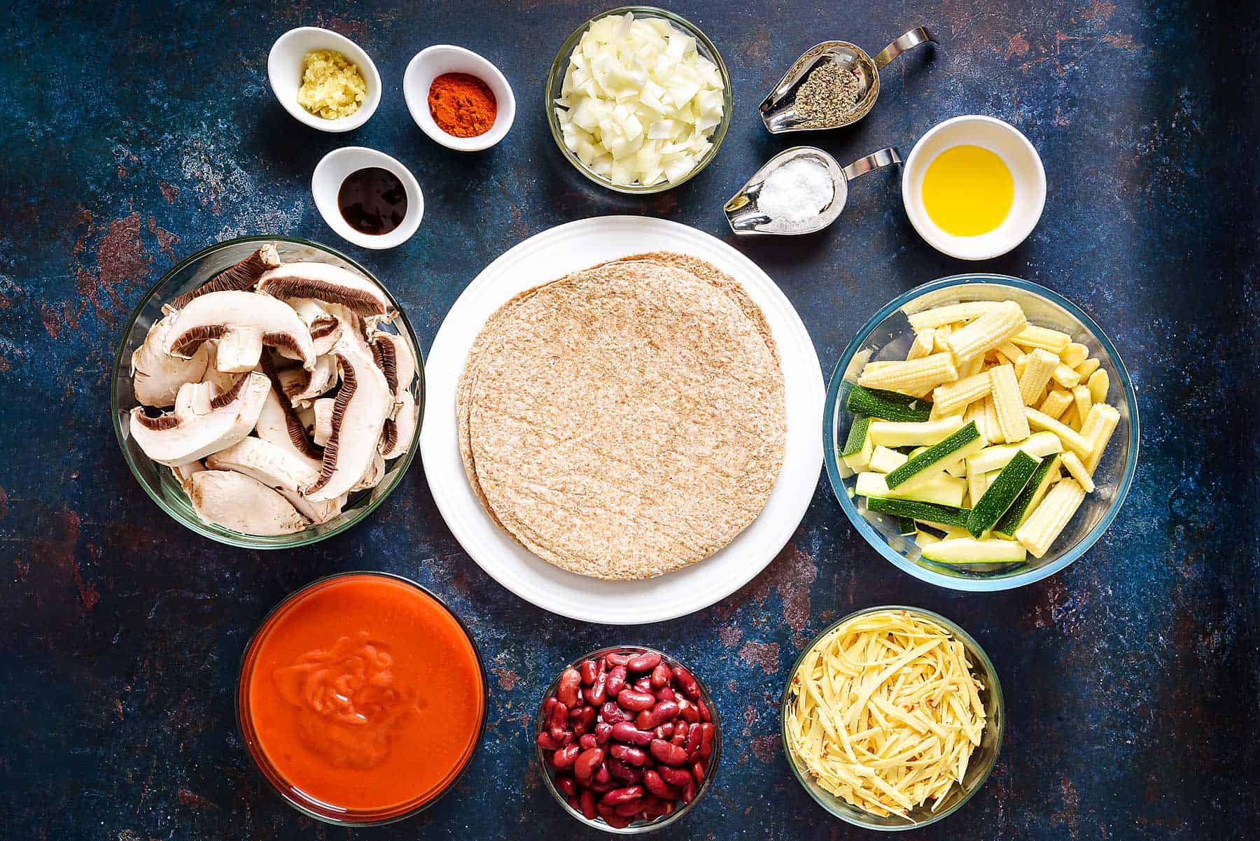 Ingredients for veg and bean enchiladas