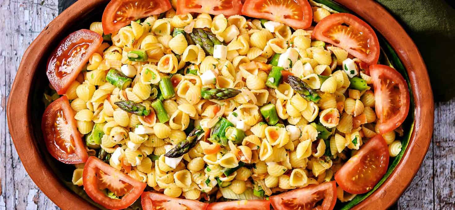 Warm Asparagus & Pasta Salad, with Vegan Feta! Especially Vegan