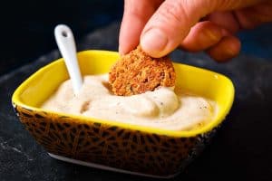 Pattie dipped in Cajun Dip from Trio of Yoghurt Dips