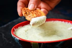 Pattie dipped in Cucumber & Mint Dip from Trio of Yoghurt Dips