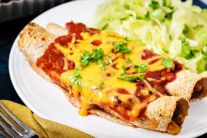 Vegan Vegetable & Bean Enchiladas served with salad on a plate