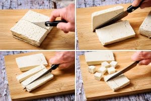 Cutting the tofu into cubes