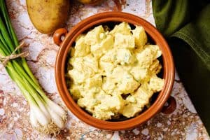 Overhead view of Vegan Potato Salad Indienne