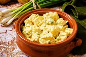 Vegan Potato Salad Indienne in a serving dish